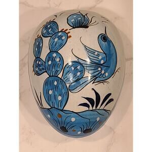 Tonala Pottery 5" Egg Shaped Trinket Box Hand Painted Blue Bird Folk Art Mexico